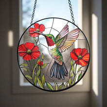 Load image into Gallery viewer, Vibrant Bird and Poppy Stained Glass Suncatcher, Hummingbird: 6in