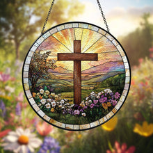 Load image into Gallery viewer, Cross And Wildflowers Strained Glass Suncatcher, Christian : 6in
