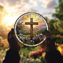 Load image into Gallery viewer, Cross And Wildflowers Strained Glass Suncatcher, Christian : 6in