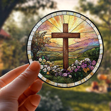Load image into Gallery viewer, Cross And Wildflowers Strained Glass Suncatcher, Christian : 6in