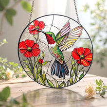 Load image into Gallery viewer, Vibrant Bird and Poppy Stained Glass Suncatcher, Hummingbird: 6in