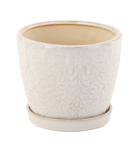 6" White Floral Planter with Saucer