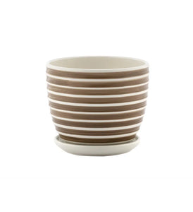 Sm Taupe/White Striped Pot w/Saucer