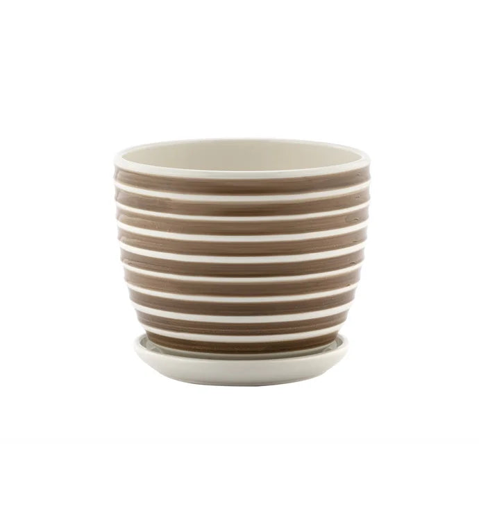 Sm Taupe/White Striped Pot w/Saucer