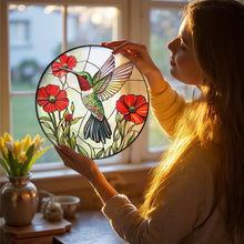 Load image into Gallery viewer, Vibrant Bird and Poppy Stained Glass Suncatcher, Hummingbird: 6in
