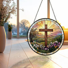 Load image into Gallery viewer, Cross And Wildflowers Strained Glass Suncatcher, Christian : 6in
