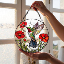Load image into Gallery viewer, Vibrant Bird and Poppy Stained Glass Suncatcher, Hummingbird: 6in
