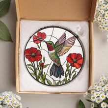 Load image into Gallery viewer, Vibrant Bird and Poppy Stained Glass Suncatcher, Hummingbird: 6in
