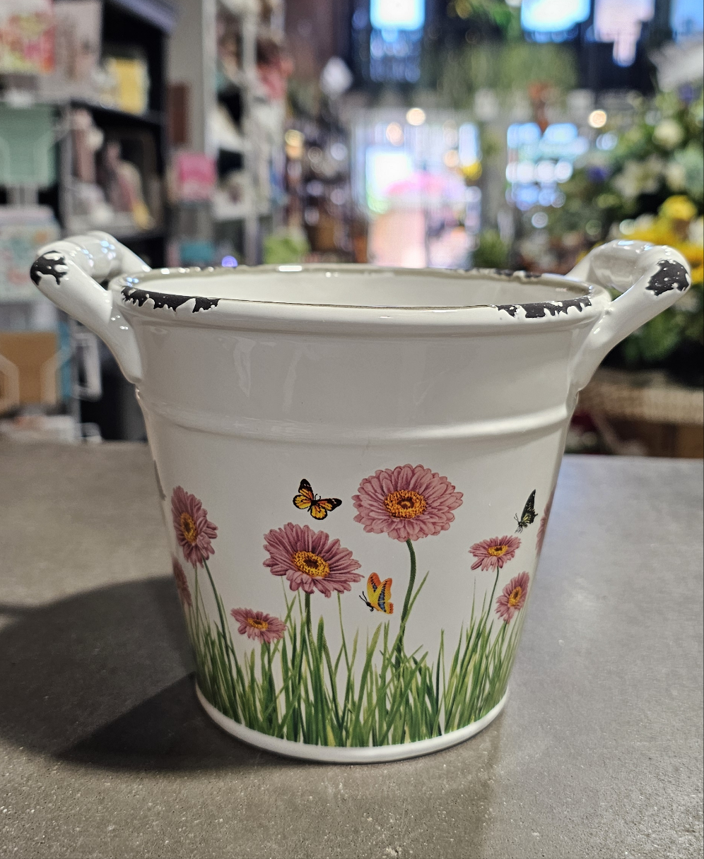 White Porcelain Bucket w/ Flowers - Short