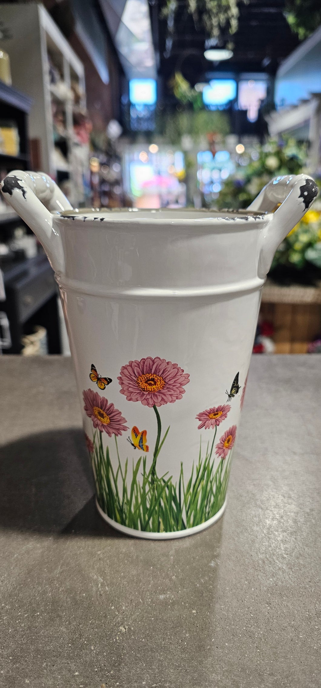 White Porcelain Bucket w/ flowers - Tall