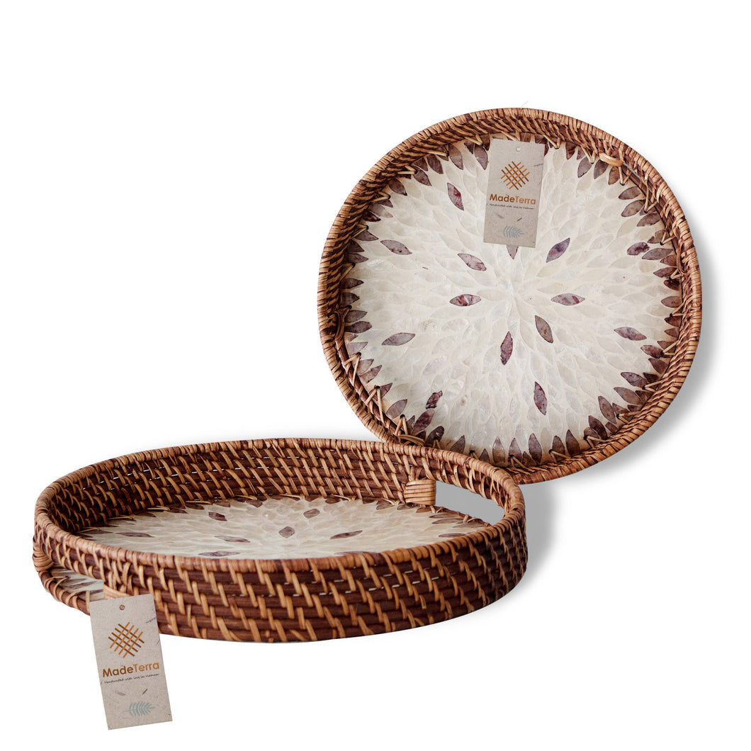 Round Rattan Tray With Nacre Base Storage and Display