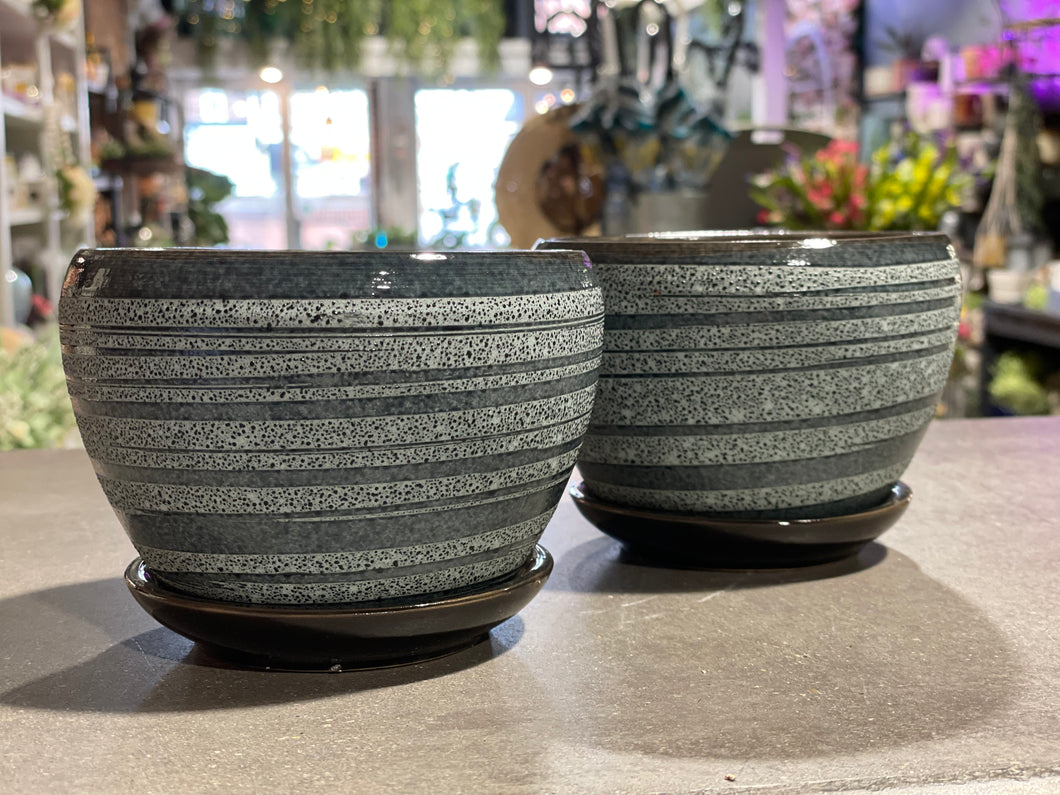 Ceramic Round Striped Sea Foam Green Planter