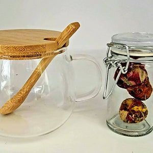 Borosilicate Glass Teacup w/  bamboo lid & spoon 10oz