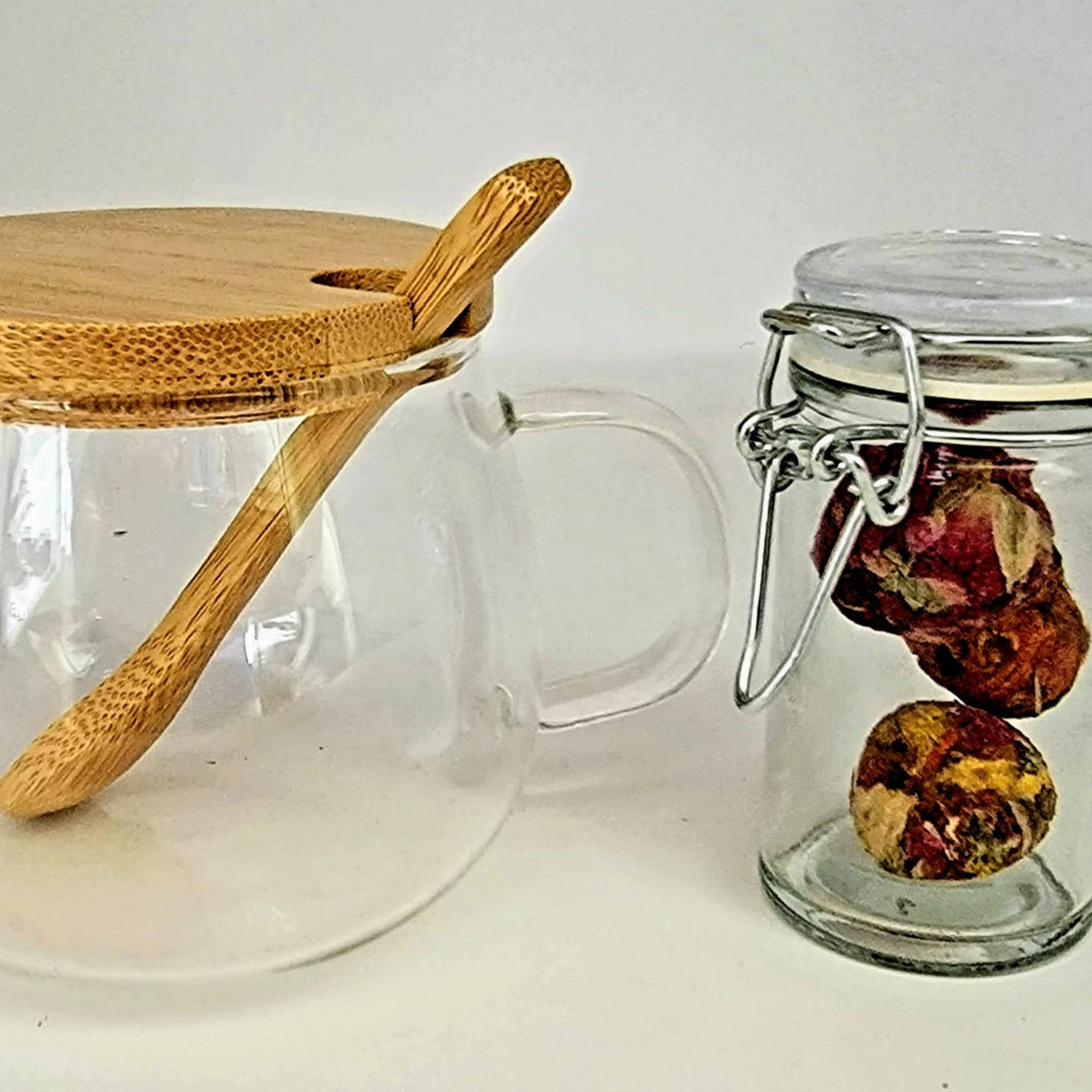 Borosilicate Glass Teacup w/  bamboo lid & spoon 10oz