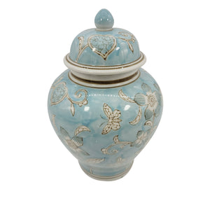 12" Light Blue and White Chinoiserie Jar