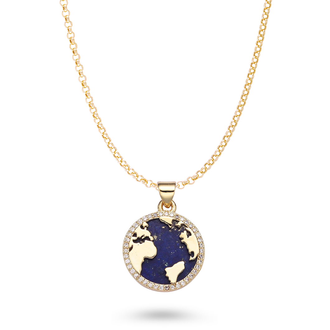 Planet Earth CZ Charm Blue Solar Celestial Gold Necklace